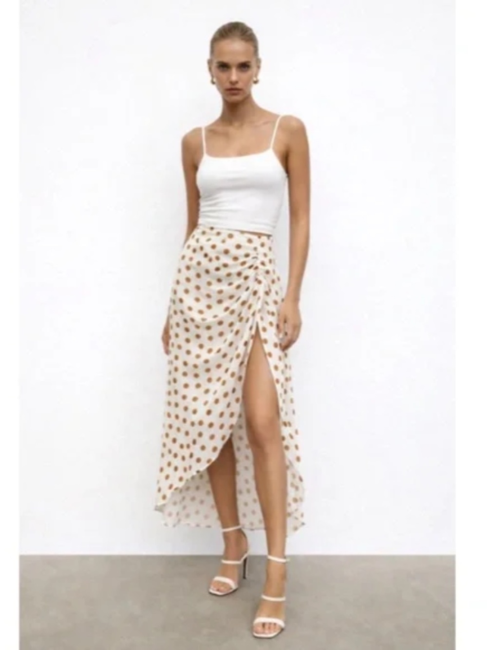 Zara Polka Dot Ruched Midi Skirt Womens XS White Brown